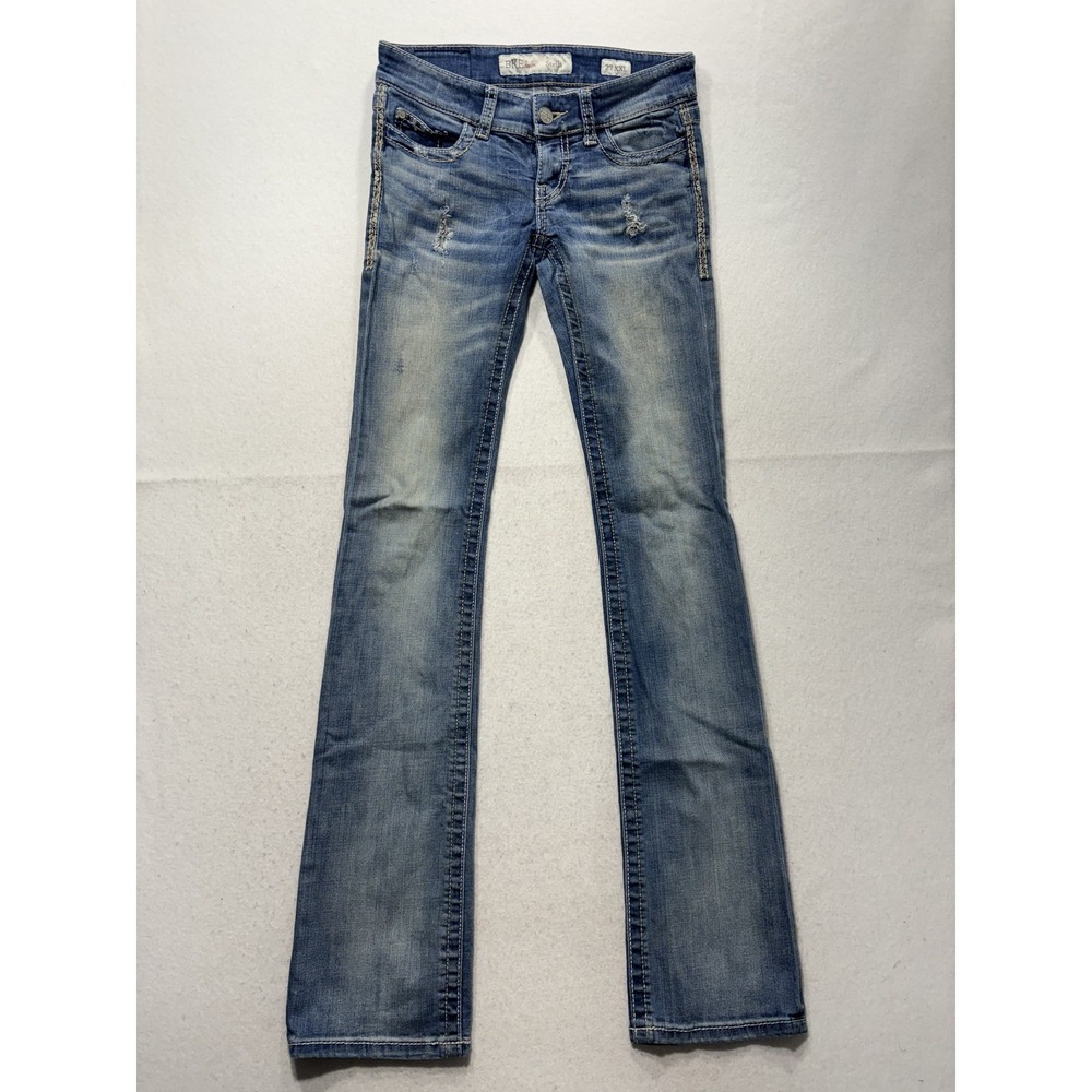 BKE Stella Jeans Womens 27 Blue Medium Wash Low Rise Bootcut Distressed 28x32